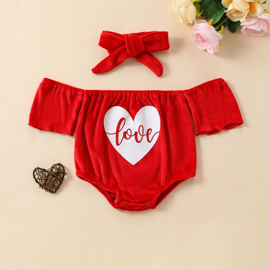 0-12M Valentine's Day Off-Shoulder Bodysuit & Headband Two-Piece Set  Baby Clothes  