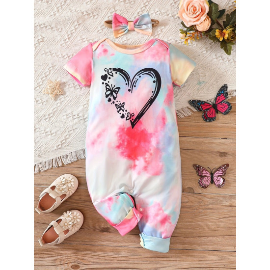 0-18M Baby Girls Valentine's Day Heart Print Jumpsuit & Headband  Baby Clothes  