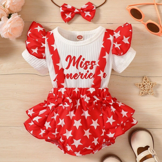 0-12M Baby Girls 3pcs Valentine'S Day Letter Star Print Bodysuit & Shorts  Baby Clothes  