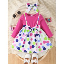 3M-3Y Baby Girls Polka Dot Print Bow Fake Two Piece Dresses  Baby Clothing  