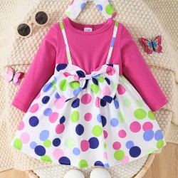 3M-3Y Baby Girls Polka Dot Print Bow Fake Two Piece Dresses  Baby Clothing  