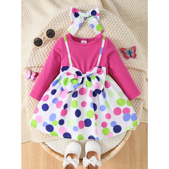 3M-3Y Baby Girls Polka Dot Print Bow Fake Two Piece Dresses  Baby Clothing  
