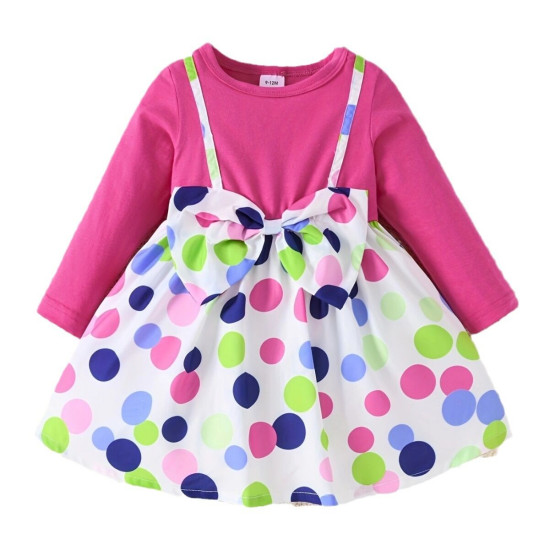 3M-3Y Baby Girls Polka Dot Print Bow Fake Two Piece Dresses  Baby Clothing  
