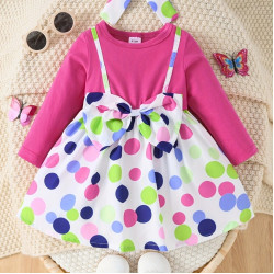 3M-3Y Baby Girls Polka Dot Print Bow Fake Two Piece Dresses  Baby Clothing  