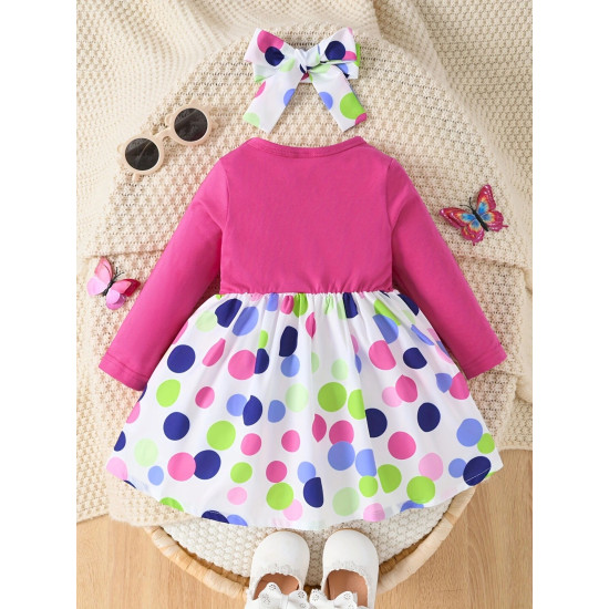 3M-3Y Baby Girls Polka Dot Print Bow Fake Two Piece Dresses  Baby Clothing  