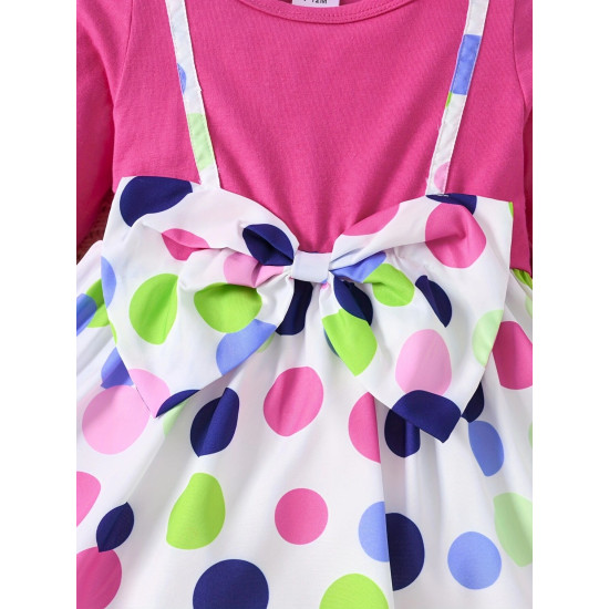 3M-3Y Baby Girls Polka Dot Print Bow Fake Two Piece Dresses  Baby Clothing  