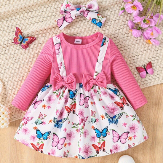 3M-3Y Baby Girls Bow Print Patchwork Fake Two Piece Dresses  Baby Clothing  