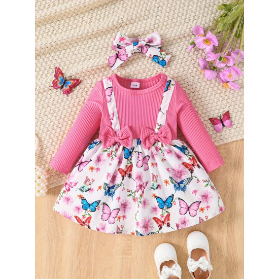 3M-3Y Baby Girls Bow Print Patchwork Fake Two Piece Dresses  Baby Clothing  