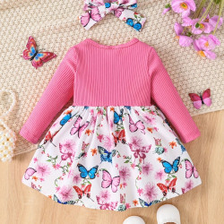 3M-3Y Baby Girls Bow Print Patchwork Fake Two Piece Dresses  Baby Clothing  