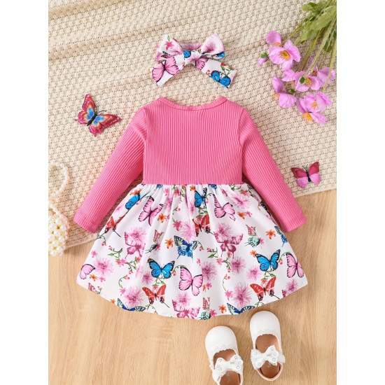 3M-3Y Baby Girls Bow Print Patchwork Fake Two Piece Dresses  Baby Clothing  
