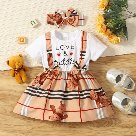 3M-3Y Baby Round Neck Lettered Bear Print Fake Two Piece Dresses  Baby Clothes  