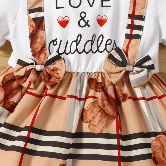 3M-3Y Baby Round Neck Lettered Bear Print Fake Two Piece Dresses  Baby Clothes  