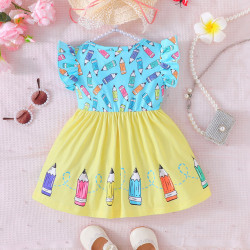 6M-3Y Baby Girls Round Neck Flying Sleeves Pencil Pattern Dresses  Baby Clothes  