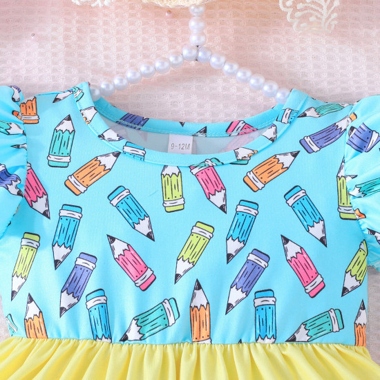 6M-3Y Baby Girls Round Neck Flying Sleeves Pencil Pattern Dresses  Baby Clothes  