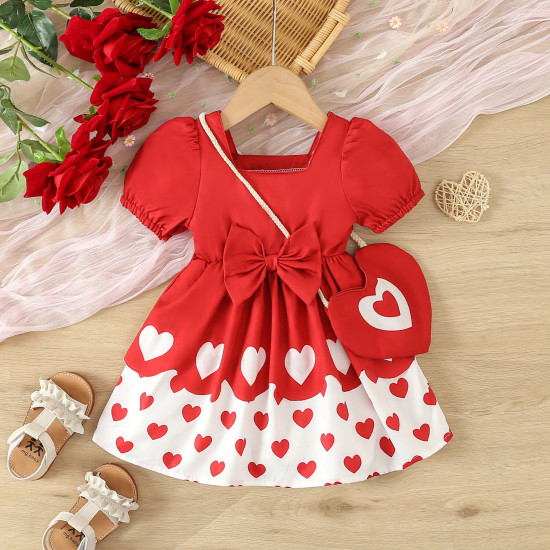 3M-3Y Baby Girls Valentine'S Day Short Sleeve Love Print Dresses With Bag  Baby Clothes  