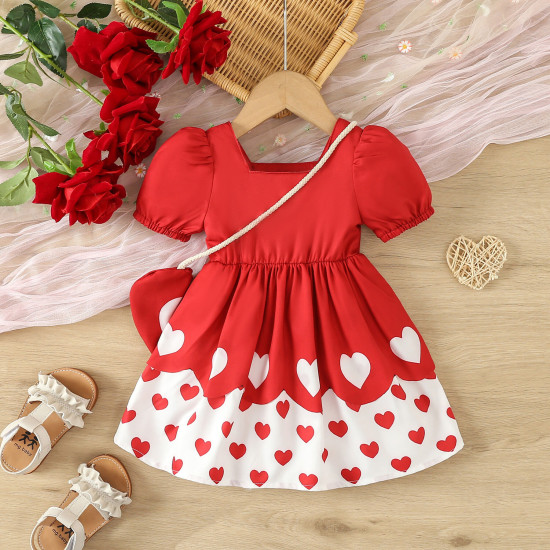 3M-3Y Baby Girls Valentine'S Day Short Sleeve Love Print Dresses With Bag  Baby Clothes  