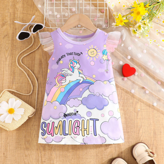 6M-3Y Baby Girls Unicorn Print Mesh Flying Sleeve Dresses  Baby Clothes  
