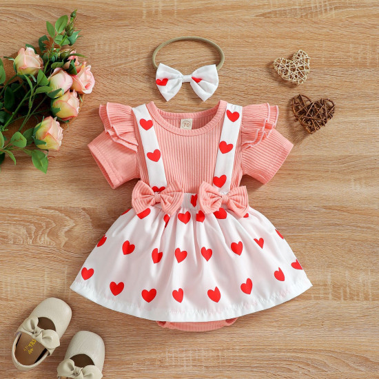 3-18M Baby Girls Valentine's Day Short-Sleeved Love Bow One-Piece Dress  Baby Clothes  