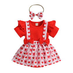 3-18M Baby Girls Valentine's Day Short-Sleeved Love Bow One-Piece Dress  Baby Clothes  