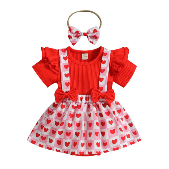 3-18M Baby Girls Valentine's Day Short-Sleeved Love Bow One-Piece Dress  Baby Clothes  
