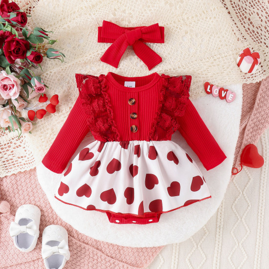 0-18M Baby Girls Valentine's Day Spliced Lace Heart Bodysuit & Headband  Baby Clothes  