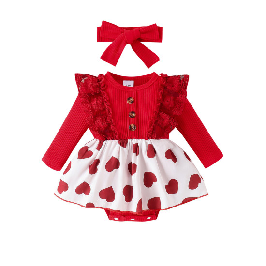 0-18M Baby Girls Valentine's Day Spliced Lace Heart Bodysuit & Headband  Baby Clothes  