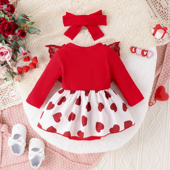 0-18M Baby Girls Valentine's Day Spliced Lace Heart Bodysuit & Headband  Baby Clothes  