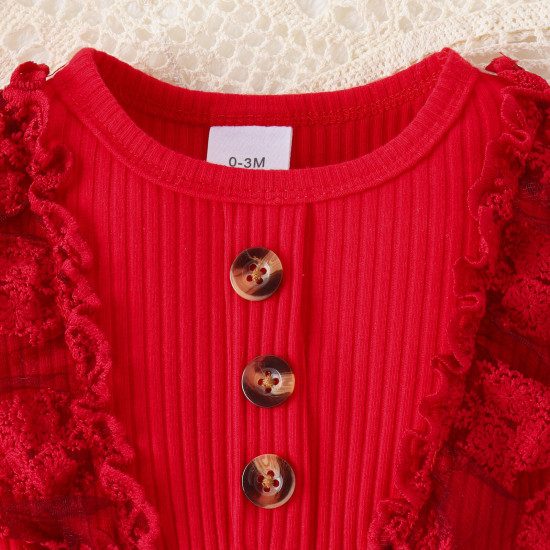 0-18M Baby Girls Valentine's Day Spliced Lace Heart Bodysuit & Headband  Baby Clothes  