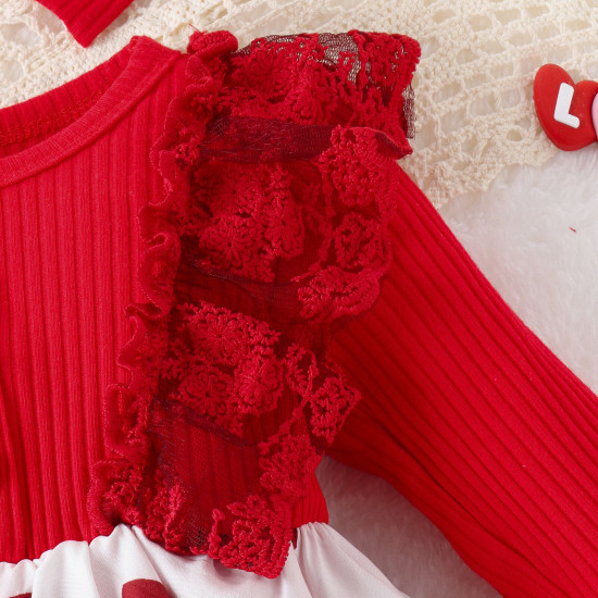 0-18M Baby Girls Valentine's Day Spliced Lace Heart Bodysuit & Headband  Baby Clothes  