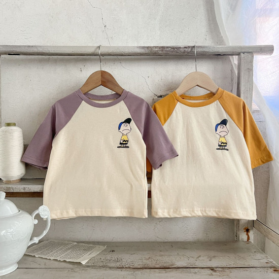 3-24M Baby Cotton Linen Color Matching Cartoon Print Top Casual T-Shirt  Baby Clothing  