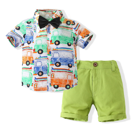 9months-5years Toddler Boy Sets Children's Clothing Suit New Summer Boy Short-Sleeved Printed Cartoon Car Shirt & Solid Color Shorts  