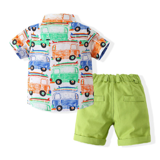 9months-5years Toddler Boy Sets Children's Clothing Suit New Summer Boy Short-Sleeved Printed Cartoon Car Shirt & Solid Color Shorts  