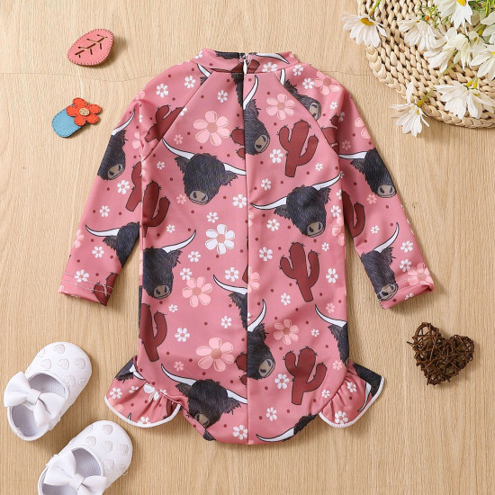 9M-4Y Toddler Girls Bull Head Print One-Piece Swimsuit  Girls Clothes  