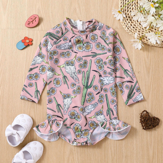 9M-4Y Toddler Girls Bull Head Print One-Piece Swimsuit  Girls Clothes  