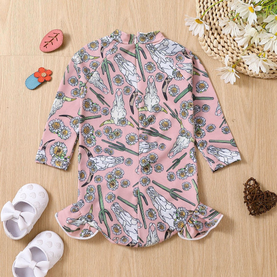 9M-4Y Toddler Girls Bull Head Print One-Piece Swimsuit  Girls Clothes  