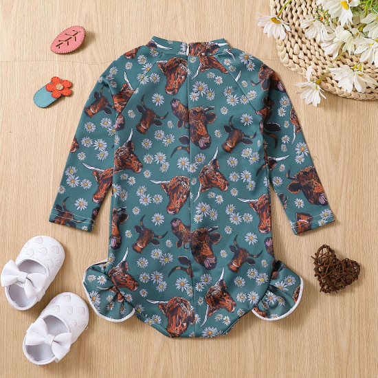 9M-4Y Toddler Girls Bull Head Print One-Piece Swimsuit  Girls Clothes  