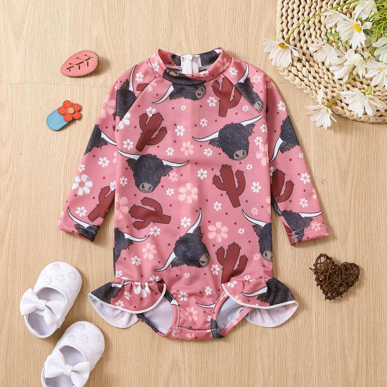 9M-4Y Toddler Girls Bull Head Print One-Piece Swimsuit  Girls Clothes  