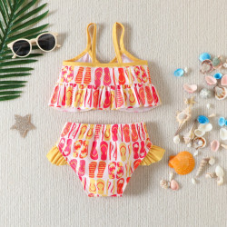 9M-4Y Toddler Girls Slipper Print Ruffle Bikini Vacations Two Piece Swimsuit  Girls Clothes  