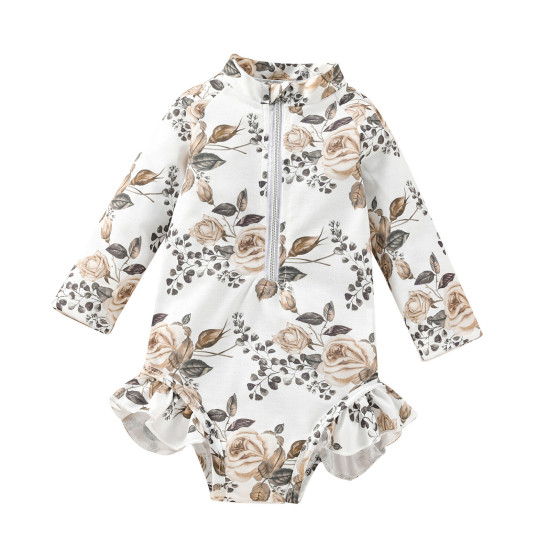 3-24M Baby Onesies Floral Print Zip Ruffle Long Sleeve One Piece Swimsuit  Baby Clothes In Bulk  