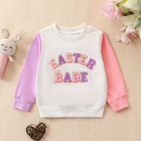 3-24M Baby Contrast Sleeves Towel Embroidered Sweatshirt  Baby Clothing  