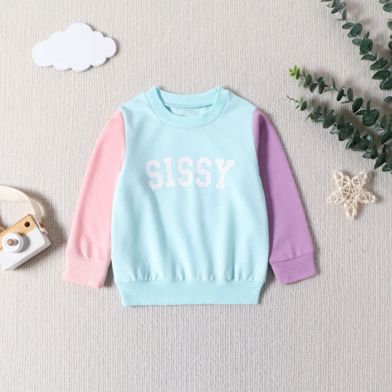 9M-4Y Toddler Girls Letter Contrast Color Long Sleeve Crew Neck Sweatshirt  Girls Clothes  