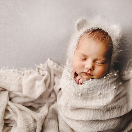 Newborn Cotton Linen Pearl Photography Tassel Wrapped Baby Blankets  