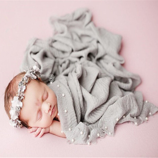 Newborn Cotton Linen Pearl Photography Tassel Wrapped Baby Blankets  