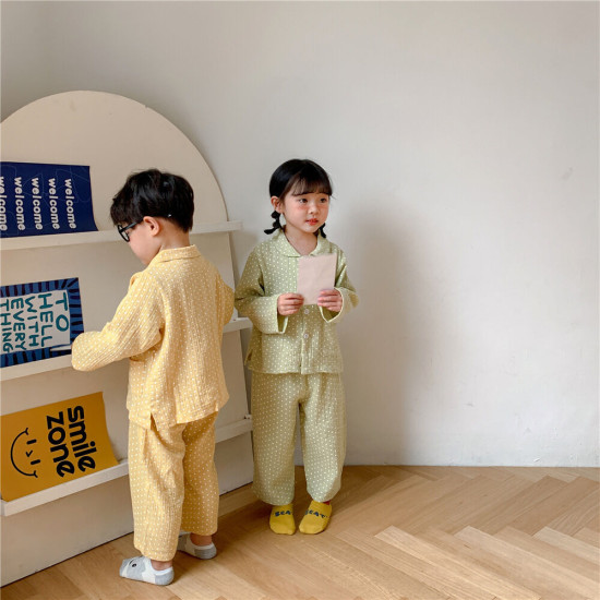 9M-4Y Toddler Intimates & Pajamas Sets Solid Polka Dot Print Single Breasted Long Sleeve Top And Pants  Children'S Clothing  