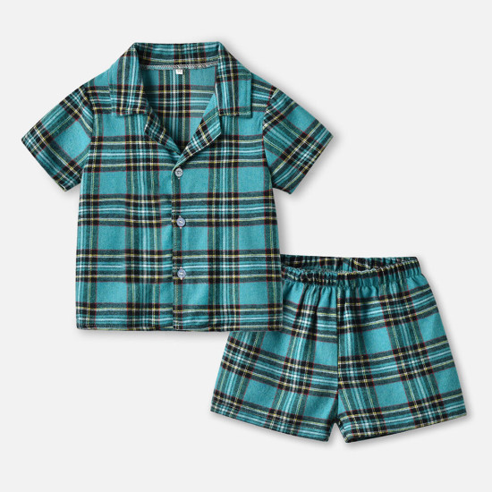 Short-Sleeved Plaid Top And Shorts Pajamas Set Toddler 2 Piece Pajamas  