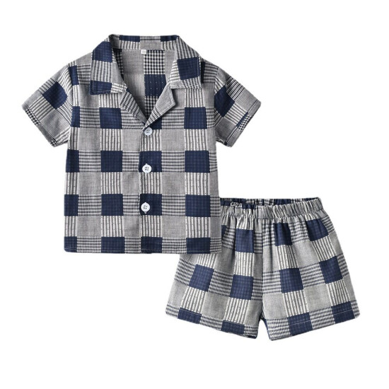 Short-Sleeved Plaid Top And Shorts Pajamas Set Toddler 2 Piece Pajamas  