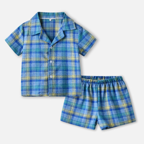 Short-Sleeved Plaid Top And Shorts Pajamas Set Toddler 2 Piece Pajamas  