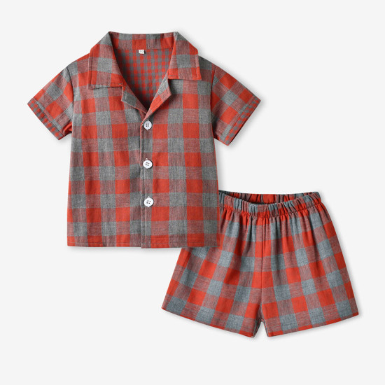 Short-Sleeved Plaid Top And Shorts Pajamas Set Toddler 2 Piece Pajamas  