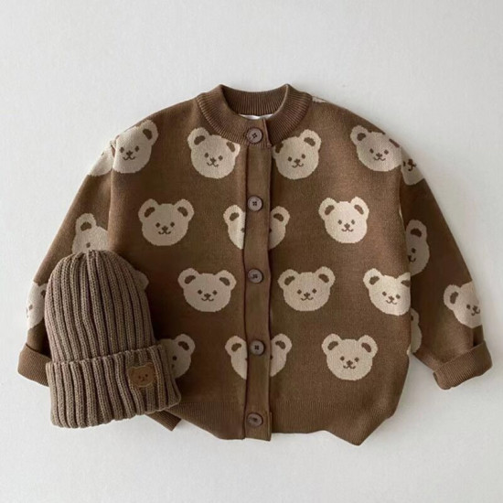 3-24M Baby Cartoon Bear Round Neck Knitted Cardigan  Baby Boutique Clothing  