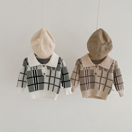 3-24M Baby Girls Knitted Sweater Plaid Lapel Pullover  Baby Clothes  